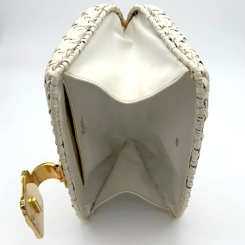 Rodo Italy Woven Cane Leather Box Clutch Ivory Gold Tone Vintage Bag